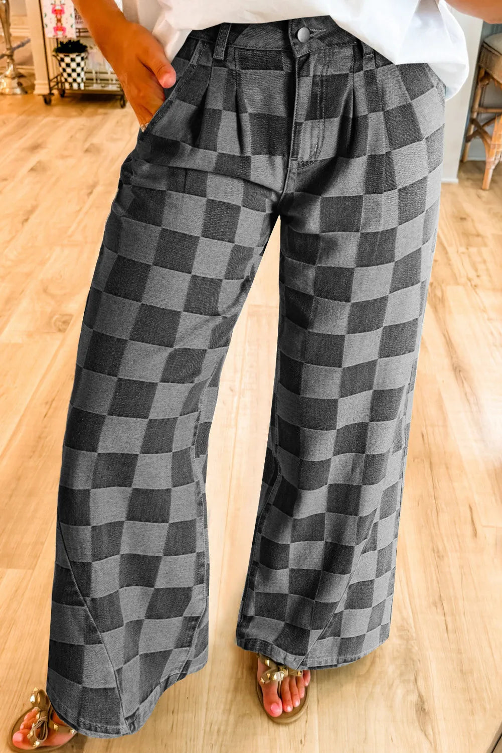 Checkered Wide Leg Jeans with Pockets - Tantalize Boutique