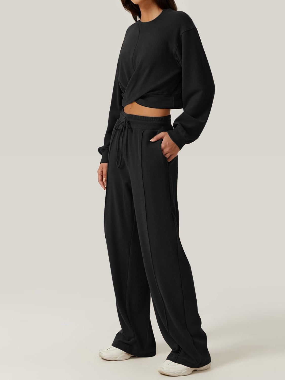 Crisscross Round Neck Top and Drawstring Pants Set - Tantalize Boutique