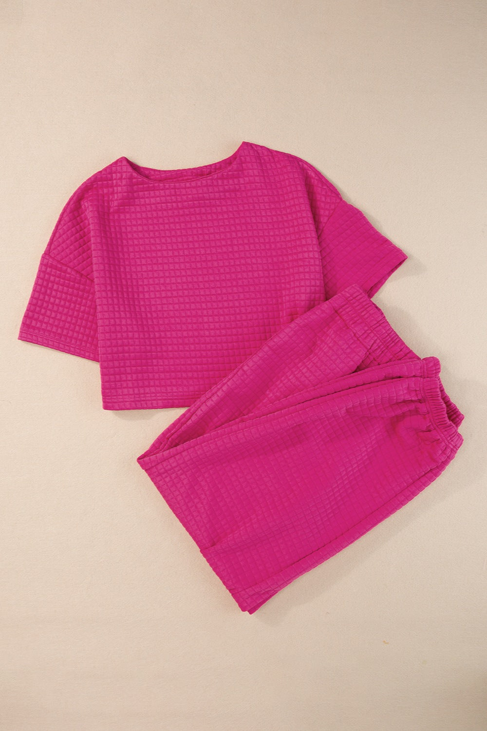 Round Neck Short Sleeve Top and Elastic Waist Pants Set - Tantalize Boutique
