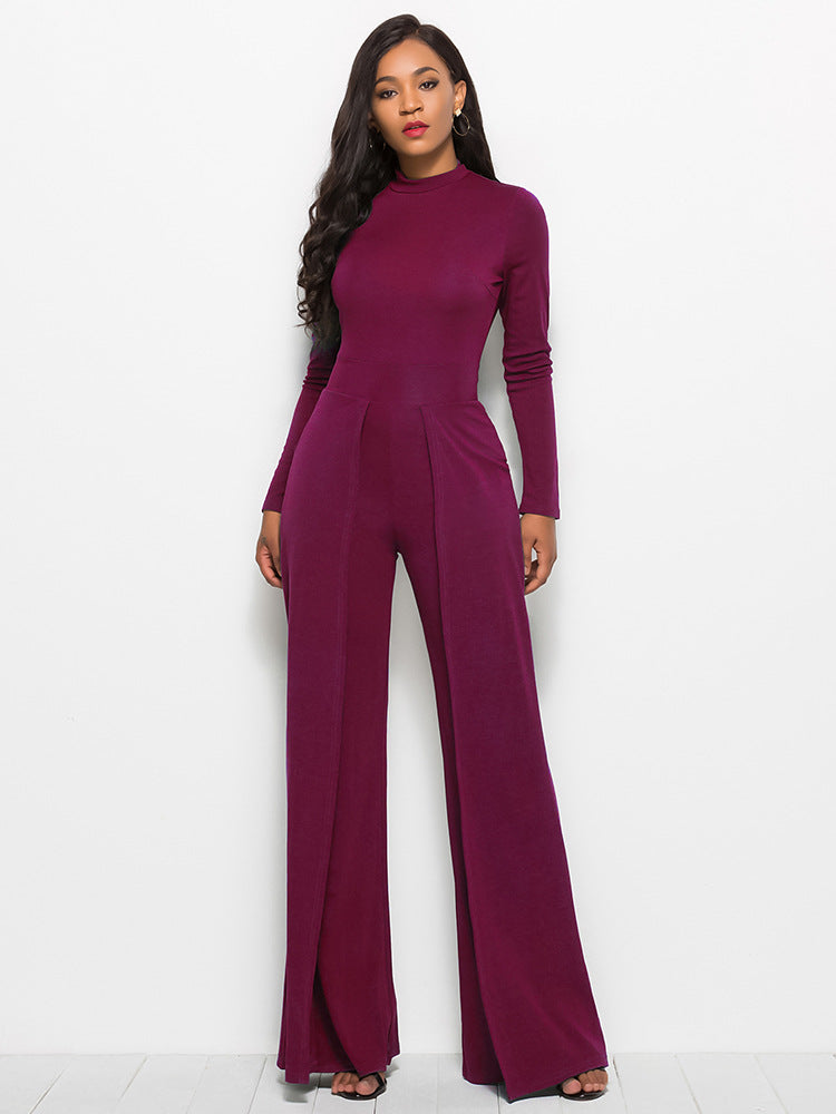 Long Sleeve Mock Neck Wide Leg Jumpsuit - Tantalize Boutique