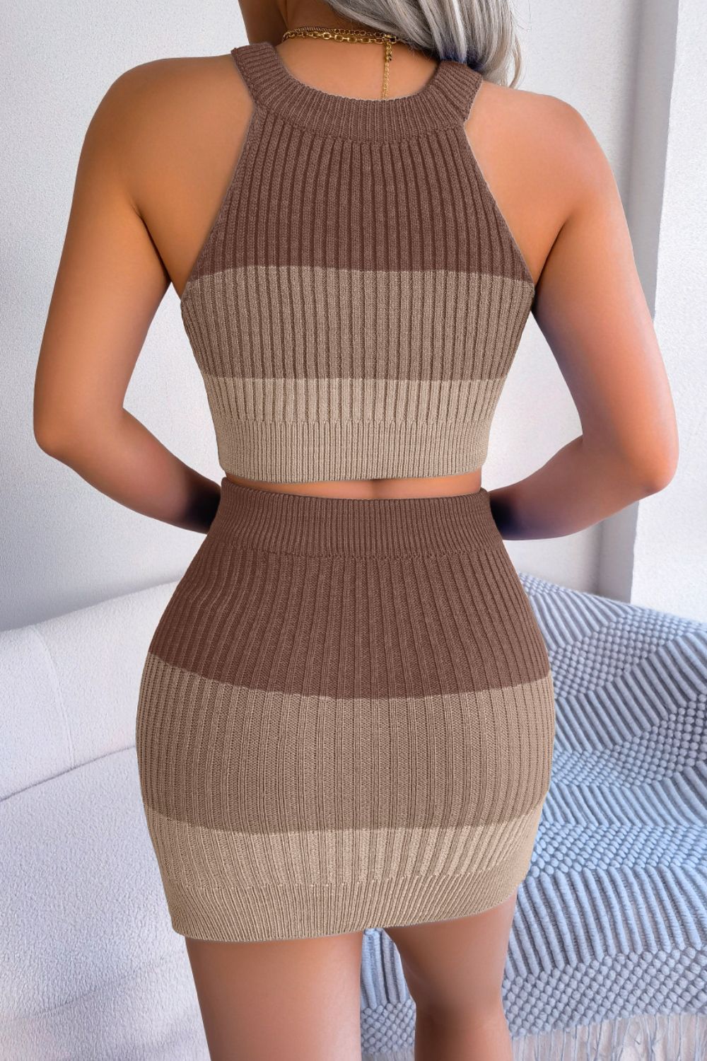 Color Block Sleeveless Crop Knit Top and Skirt Set - Tantalize Boutique