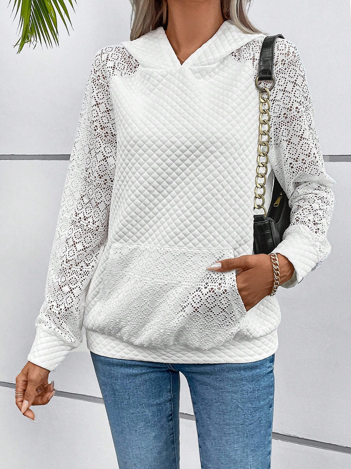 Lace Openwork Kangaroo Pocket Hoodie - Tantalize Boutique