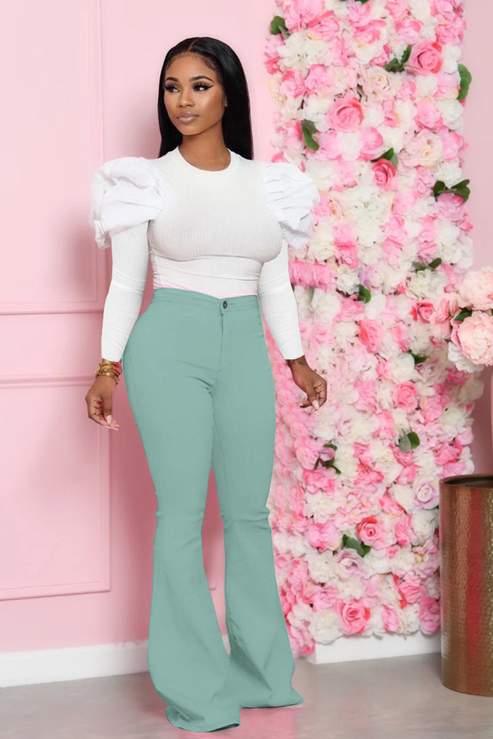 Leg-Of-Mutton Sleeve Top and Flare Pants Set - Tantalize Boutique