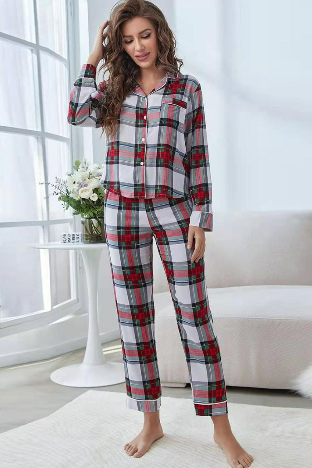 Plaid Button Front Top and Pants Lounge Set - Tantalize Boutique
