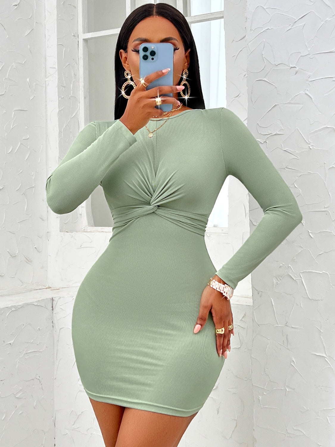 Twist Front Long Sleeve Dress - Tantalize Boutique