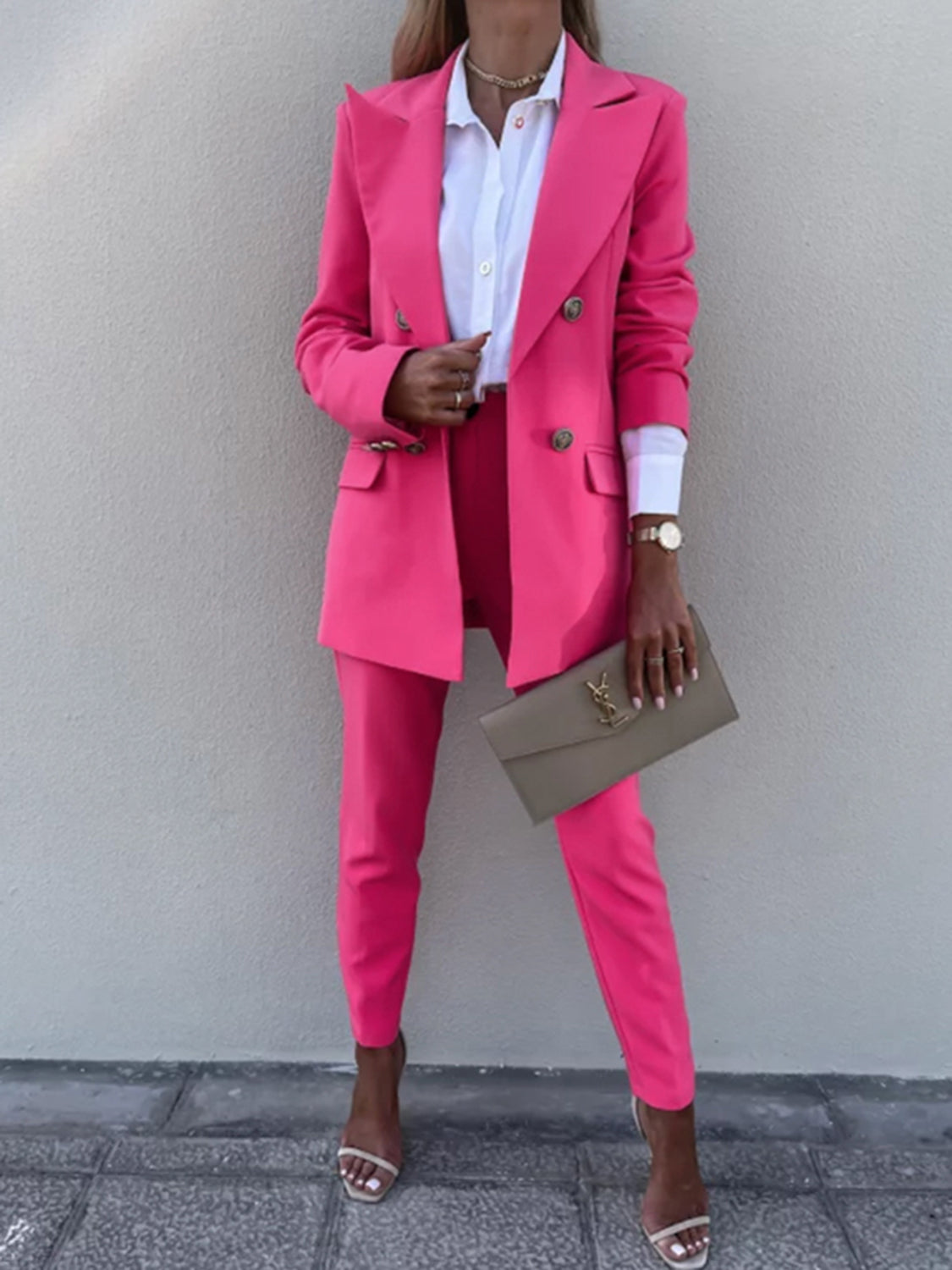 Lapel Collar Long Sleeve Blazer and Pants Set - Tantalize Boutique