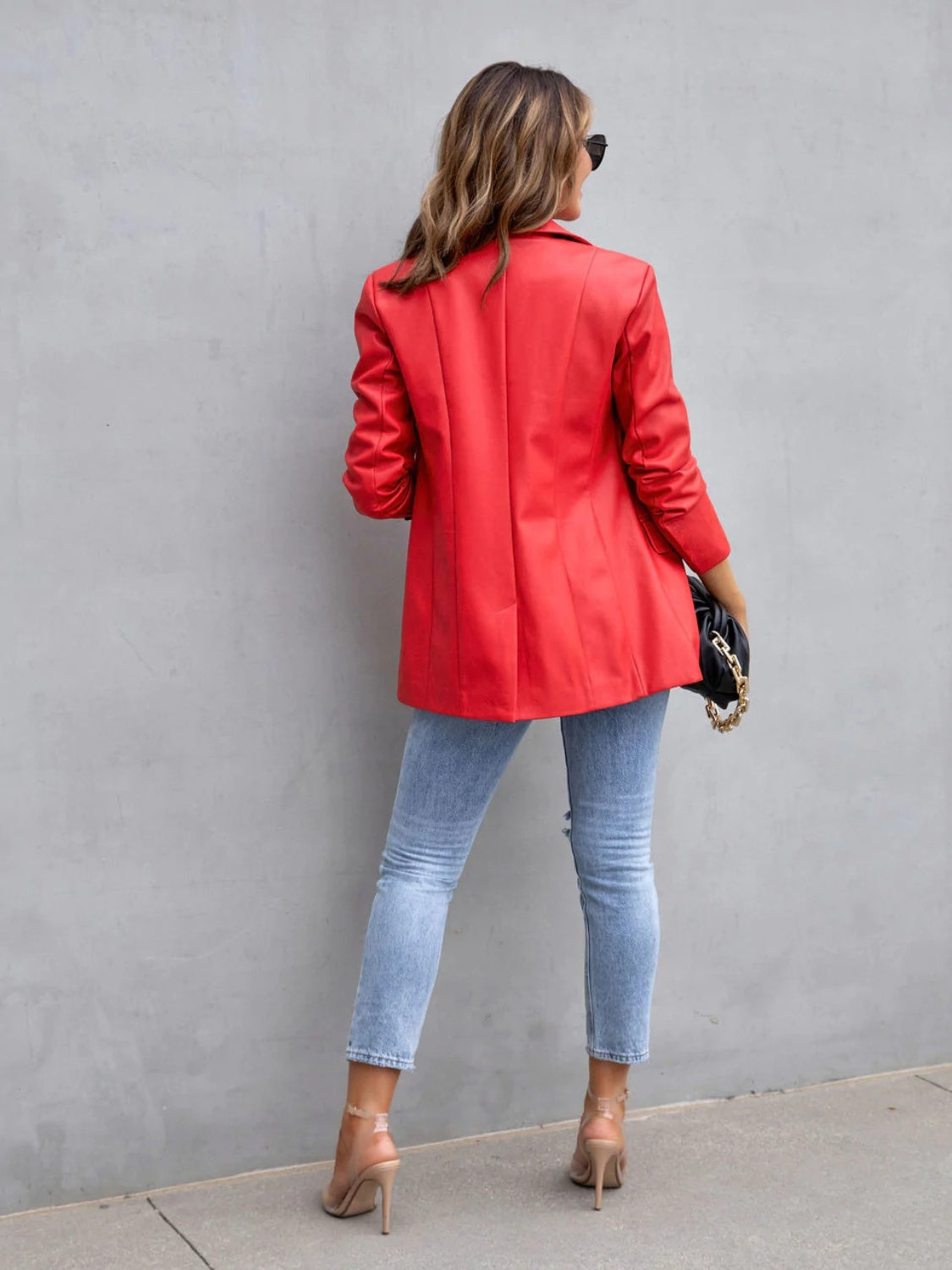 Faux Leather Button Up Long Sleeve Blazer - Tantalize Boutique