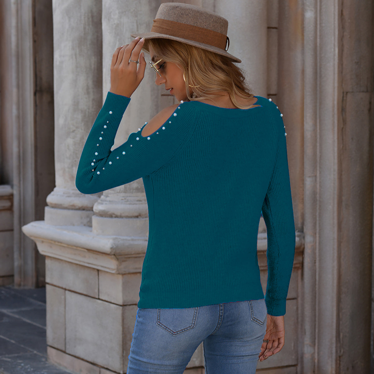 Pearl Patchwork Cold Shoulder Sweater - Tantalize Boutique