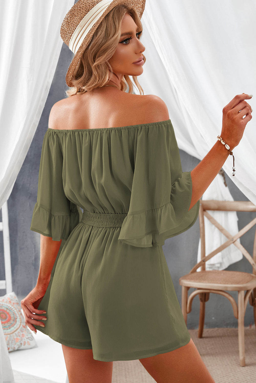 Off-Shoulder Smocked Waist Flounce Sleeve Romper - Tantalize Boutique