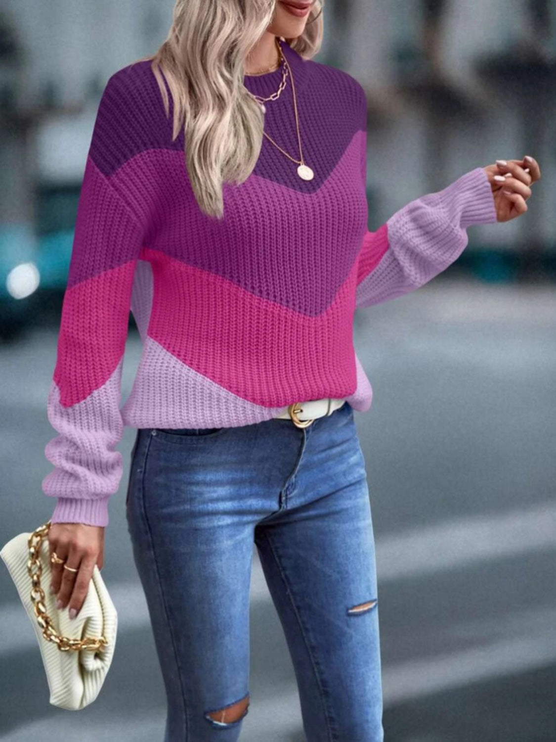 Color Block Round Neck Dropped Shoulder Sweater - Tantalize Boutique