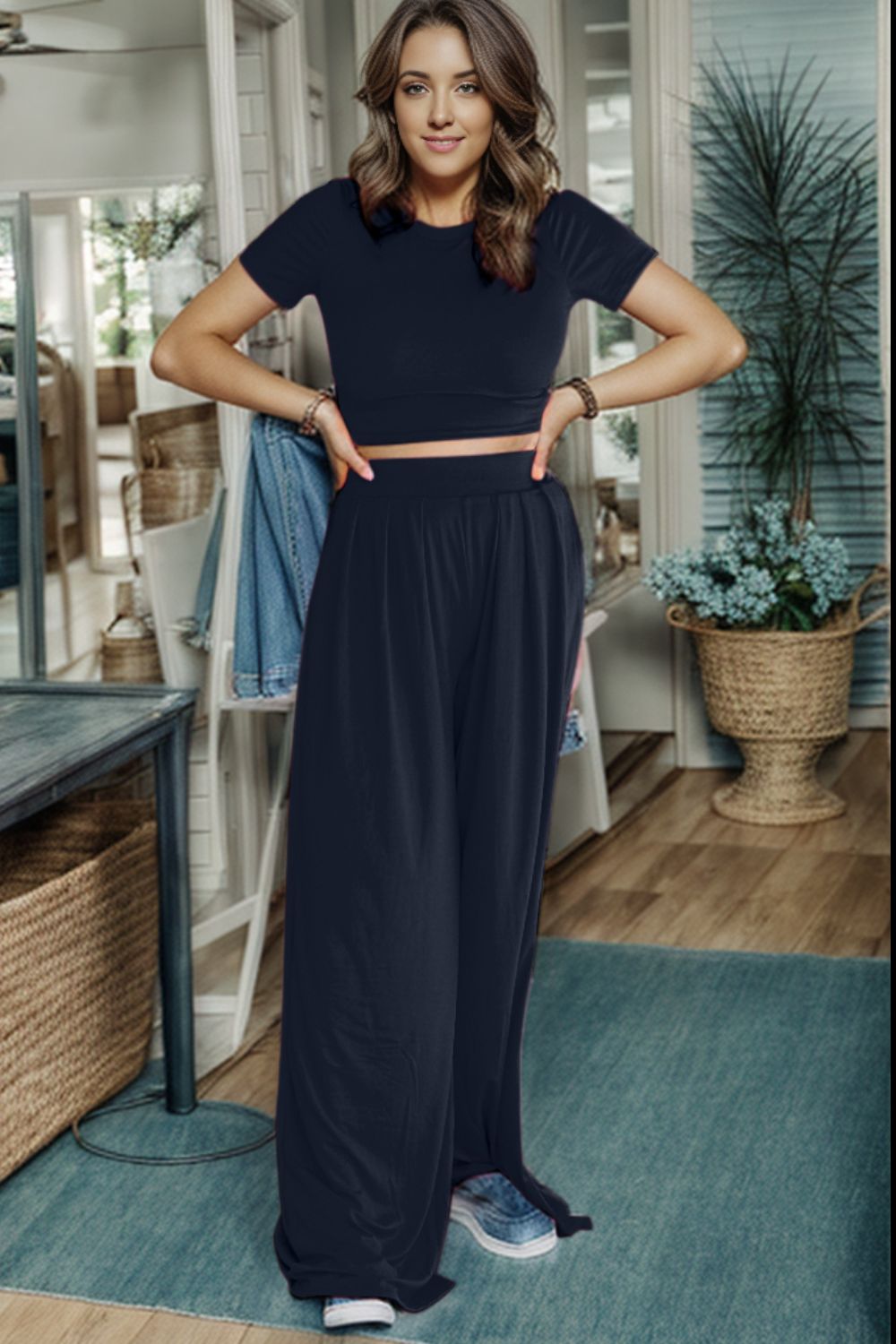Short Sleeve Top and Wide Leg Pants Set - Tantalize Boutique