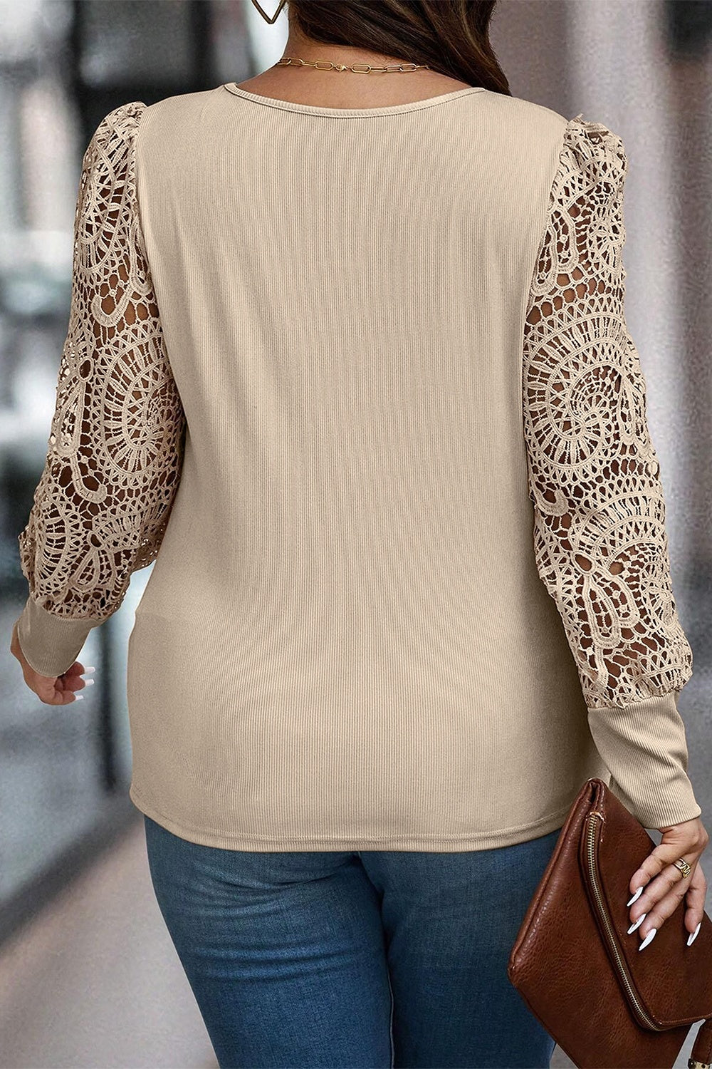Plus Size Openwork Scoop Neck Long Sleeve Blouse - Tantalize Boutique