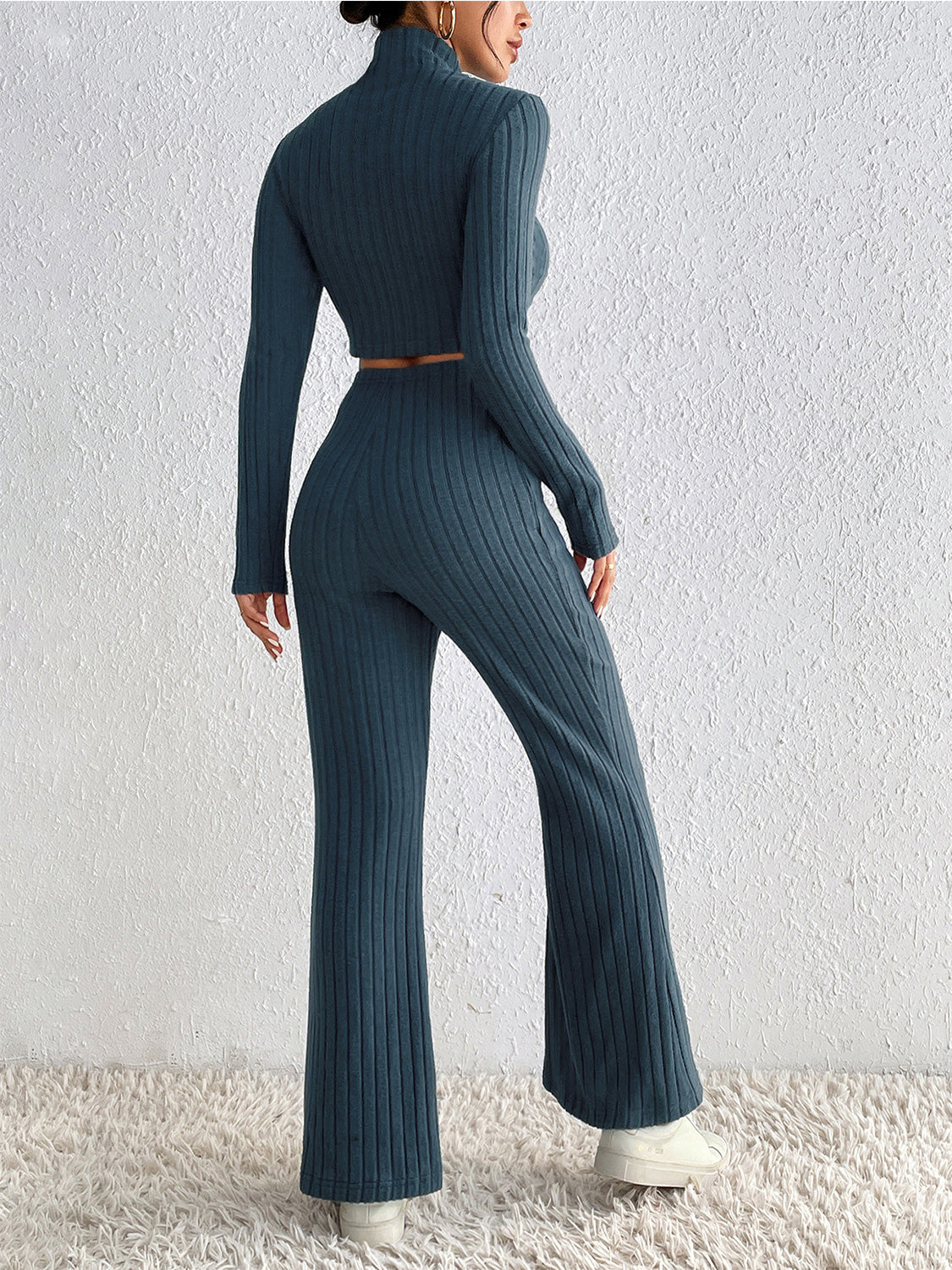 Ribbed Mock Neck Cropped Sweater & High Waist Pants Set - Tantalize Boutique