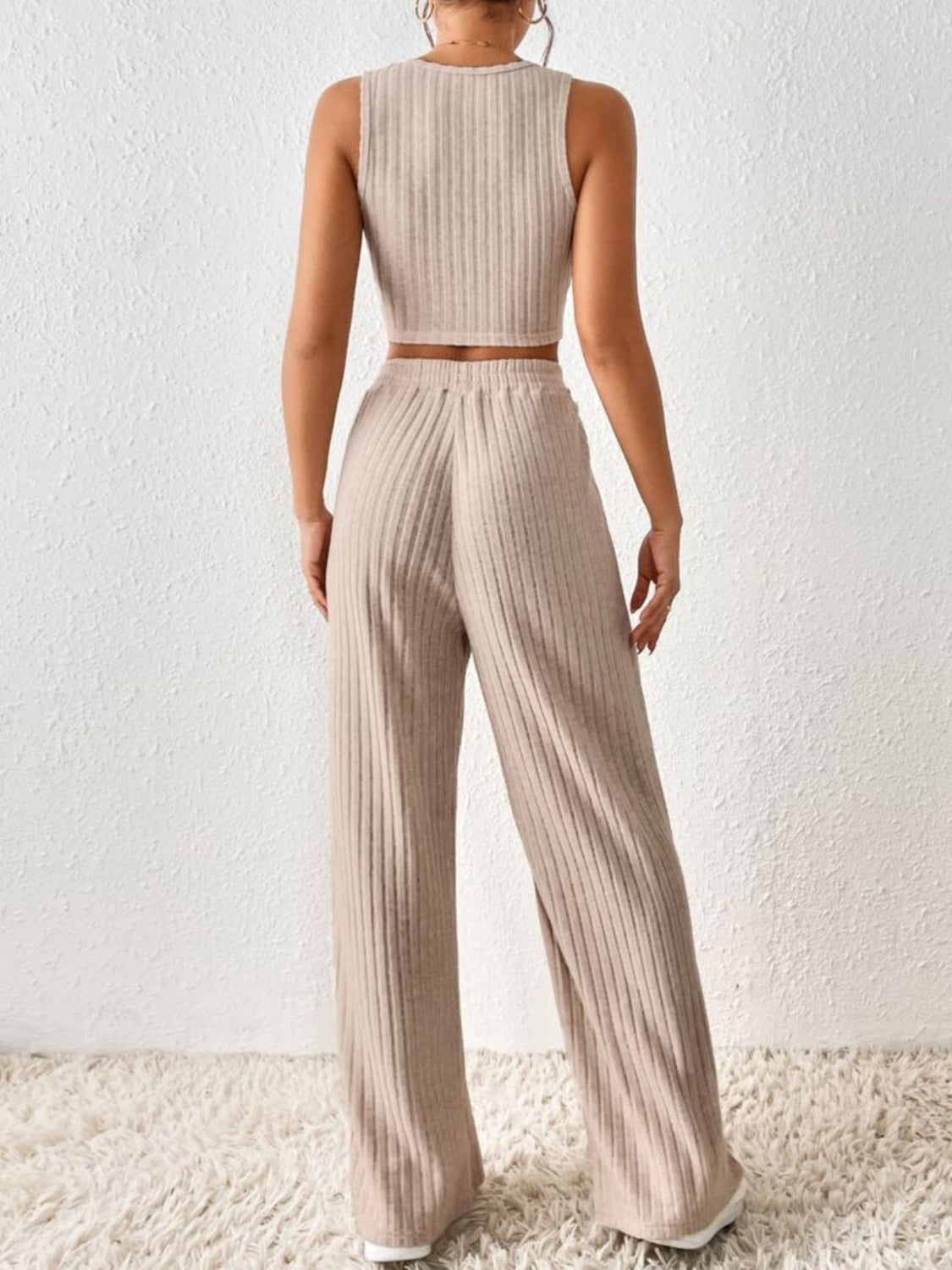 Ribbed Round Neck Tank and Pants Sweater Set - Tantalize Boutique