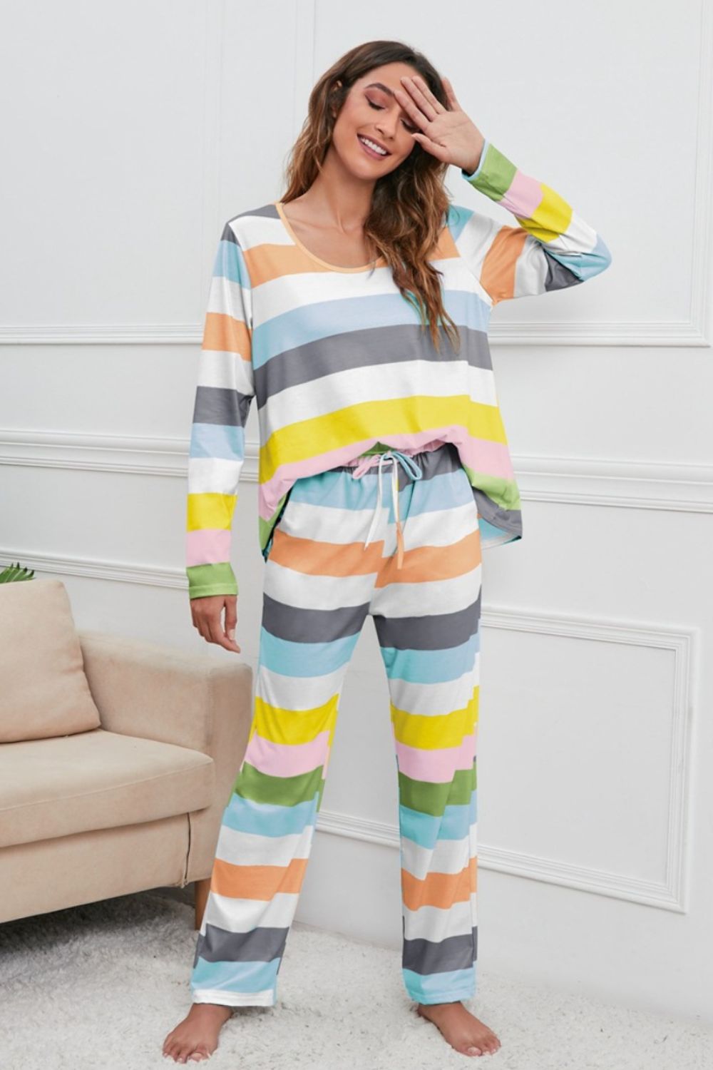 Striped Round Neck Long Sleeve Top and Drawstring Pants Lounge Set - Tantalize Boutique