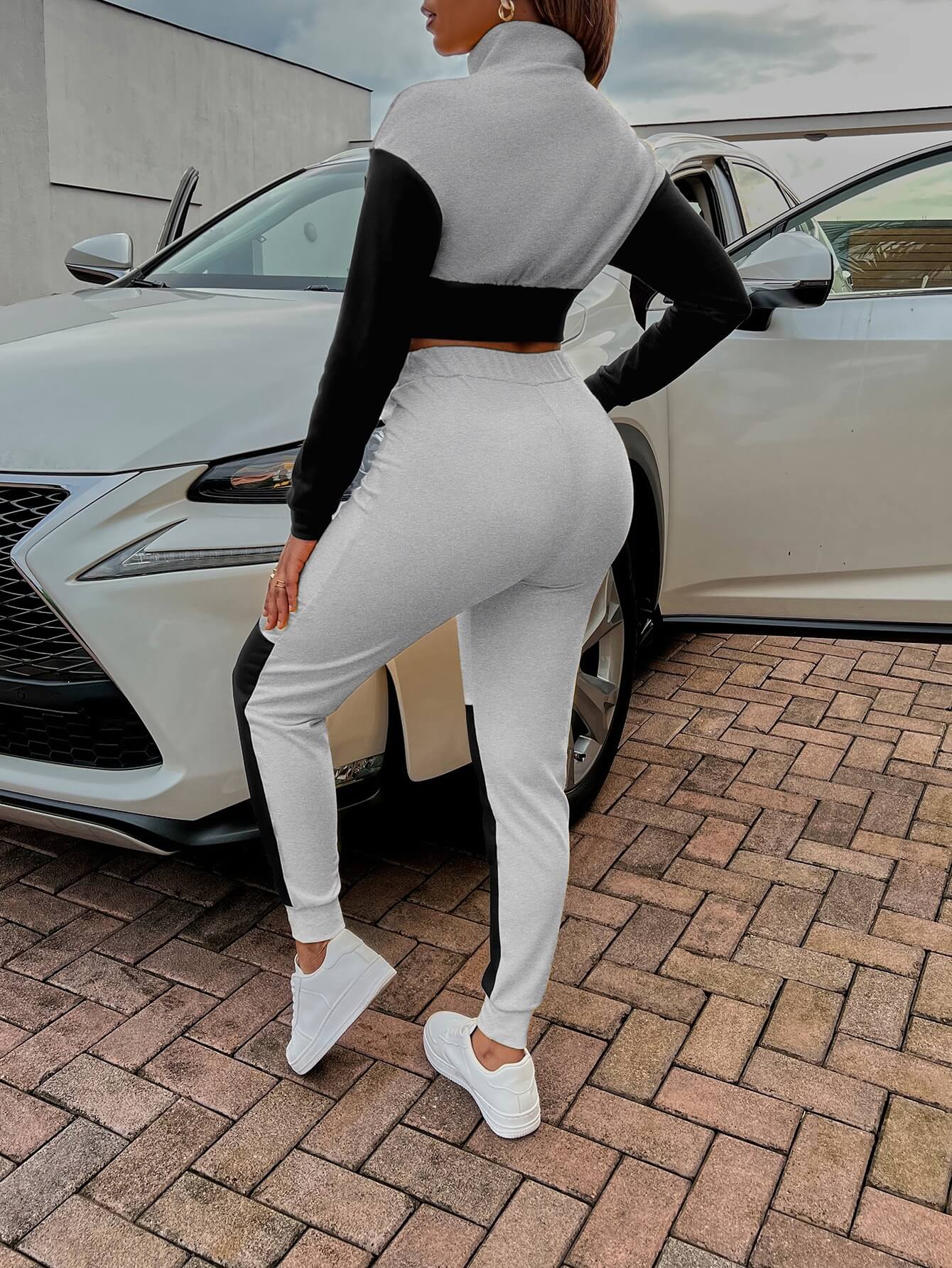 Two-Tone Collared Neck Top and Joggers Set - Tantalize Boutique