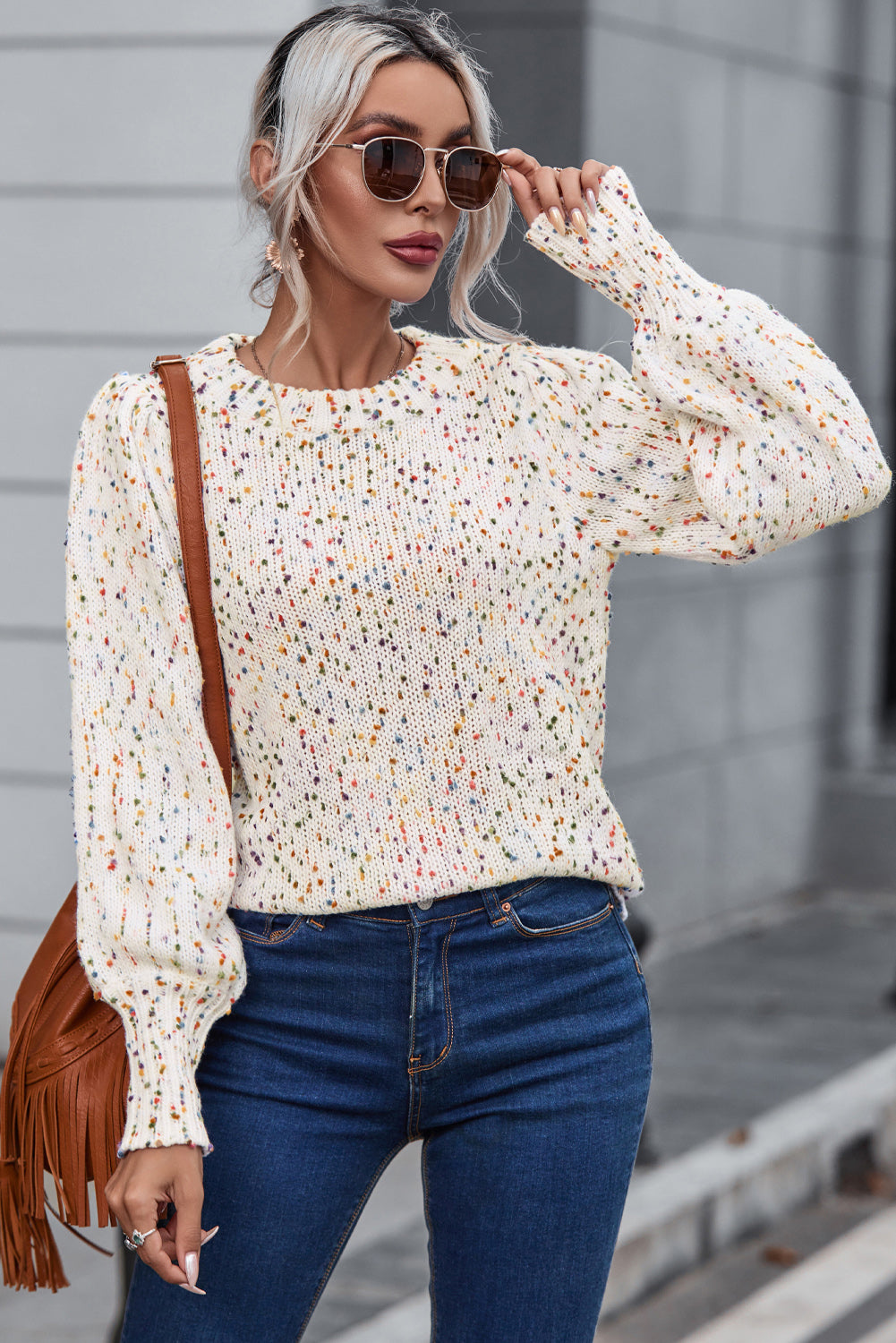 Heathered Round Neck Lantern Sleeve Sweater - Tantalize Boutique