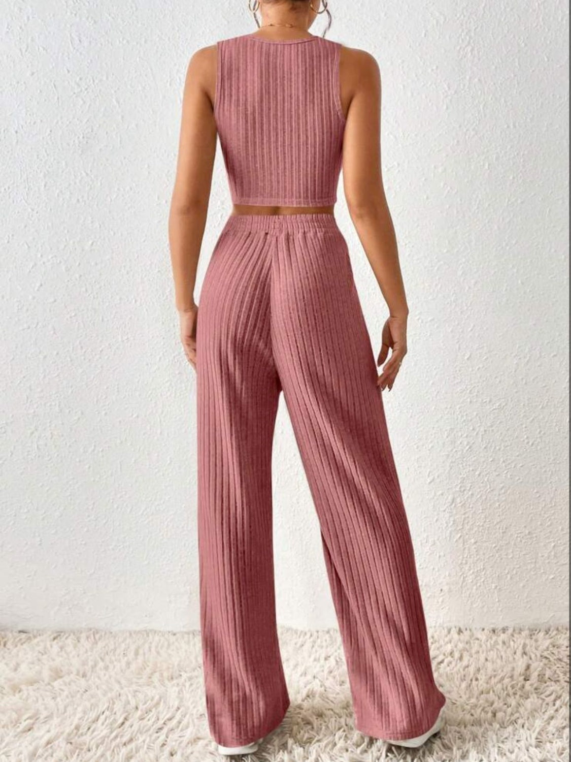 Ribbed Round Neck Tank and Pants Sweater Set - Tantalize Boutique