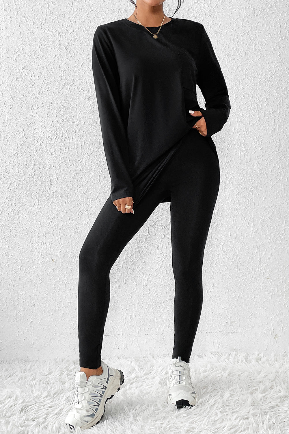 Round Neck Long Sleeve Top and Skinny Pants Set - Tantalize Boutique