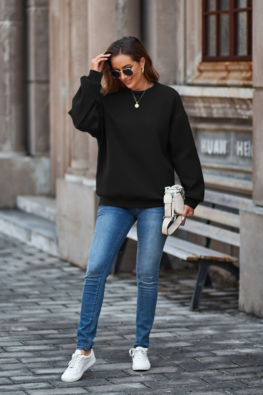 Round Neck Dropped Shoulder Sweatshirt - Tantalize Boutique