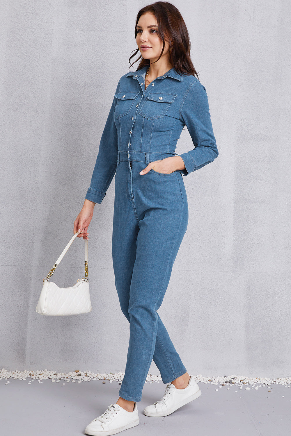 Snap Down Denim Jumpsuit with Pockets - Tantalize Boutique