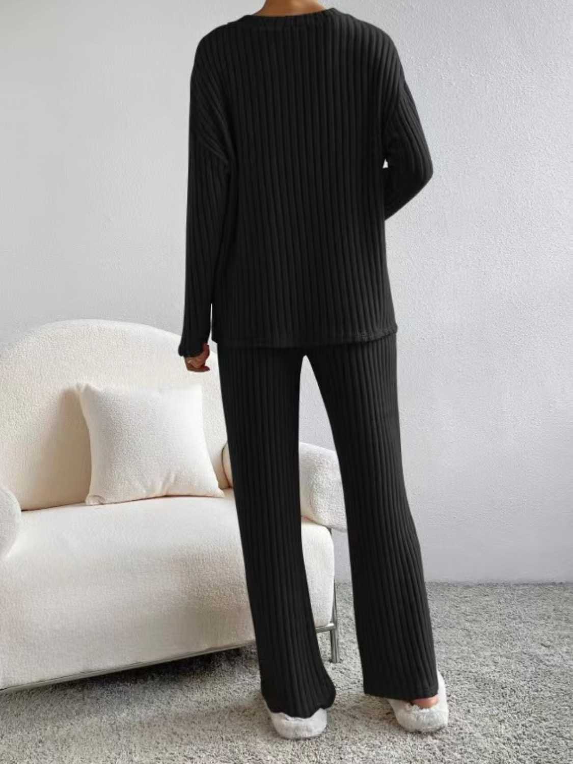 Ribbed V-Neck Long Sleeve Top and Pants Set - Tantalize Boutique