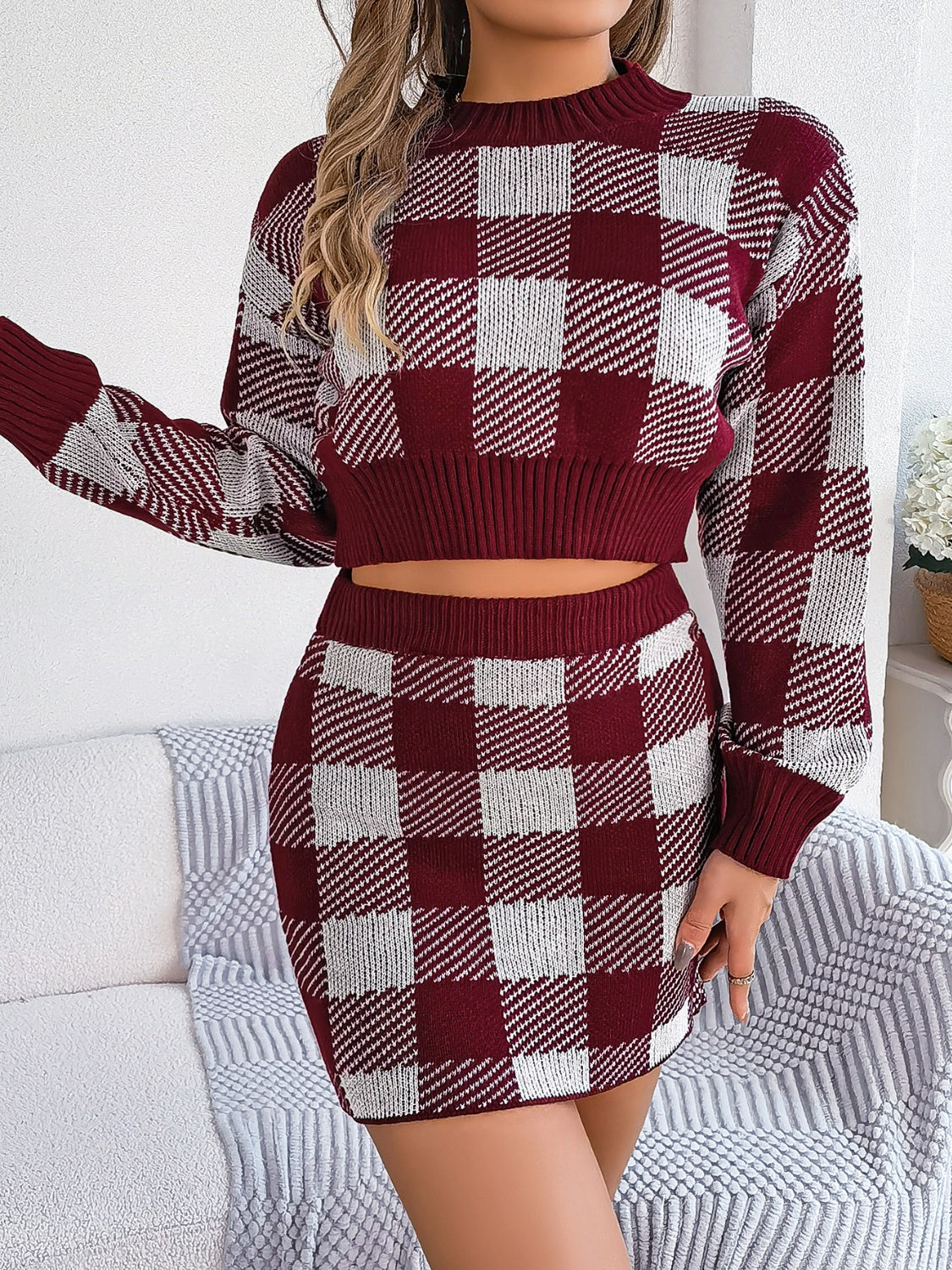 Plaid Round Neck Top and Skirt Sweater Set - Tantalize Boutique
