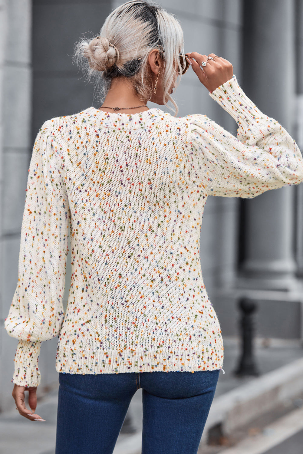 Heathered Round Neck Lantern Sleeve Sweater - Tantalize Boutique