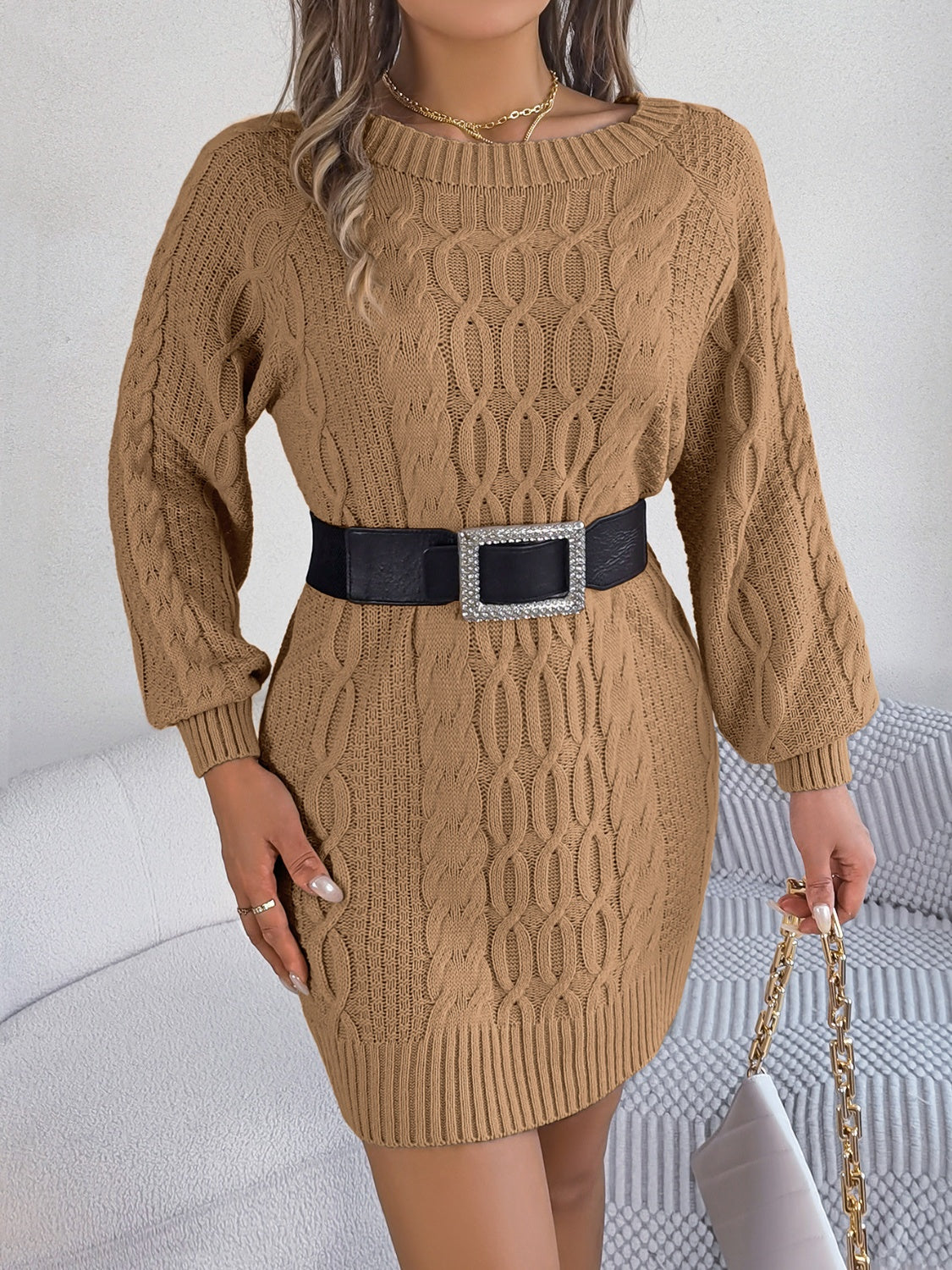 Cable-Knit Round Neck Sweater Dress - Tantalize Boutique