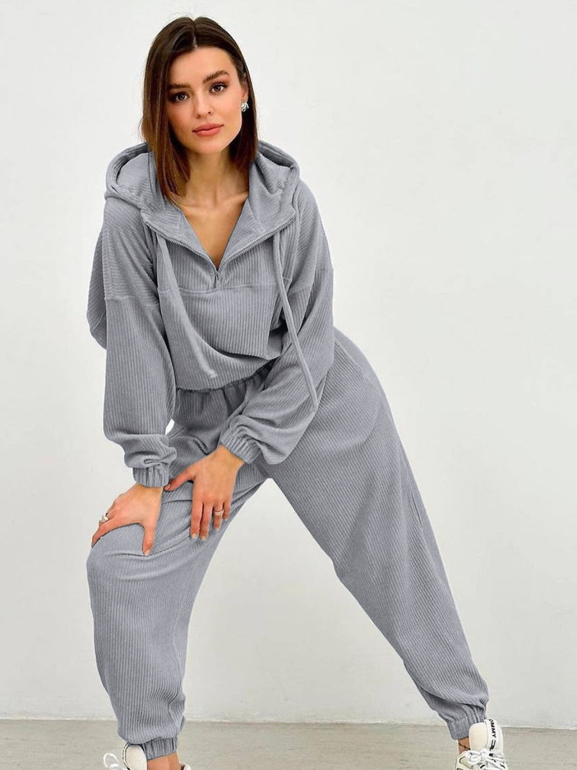 Half Zip Drawstring Hoodie and Pants Set - Tantalize Boutique