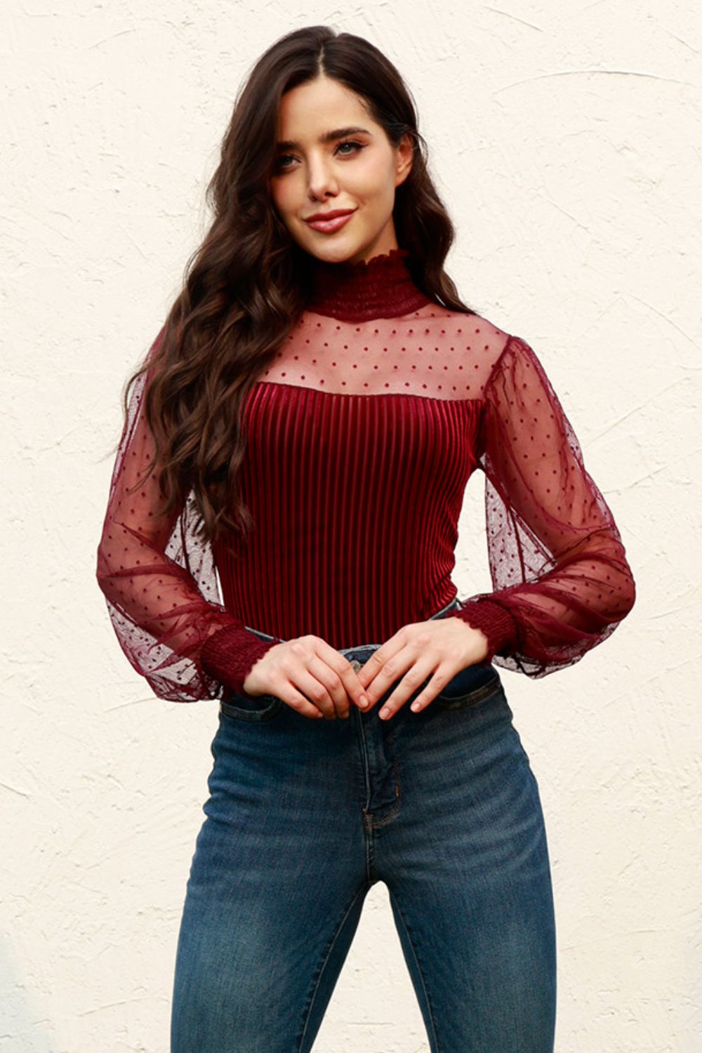 Mesh Long Sleeve Velvet Bodysuit - Tantalize Boutique