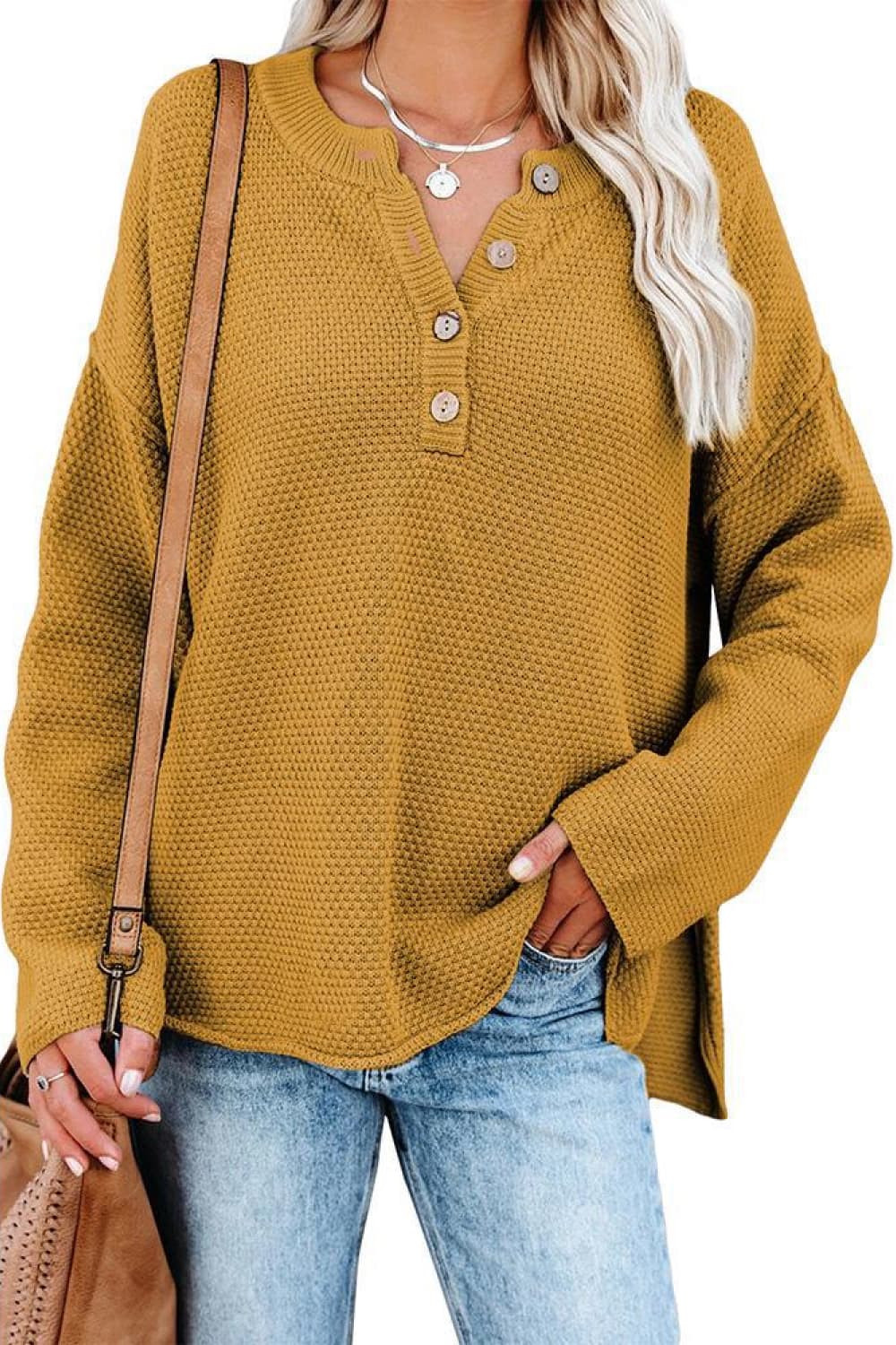 Buttoned Drop Shoulder Slit Sweater - Tantalize Boutique