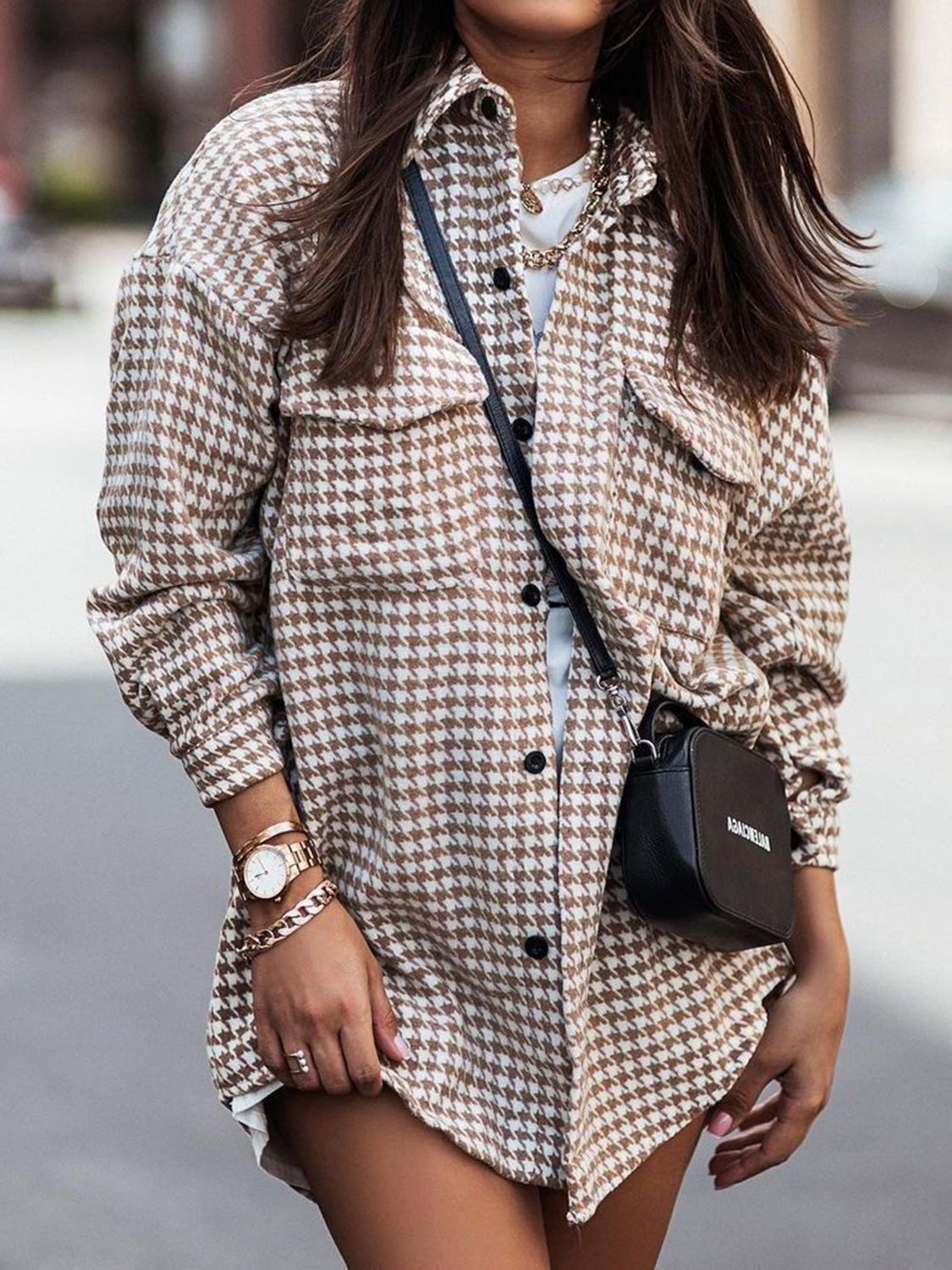 Houndstooth Button Up Dropped Shoulder Jacket - Tantalize Boutique