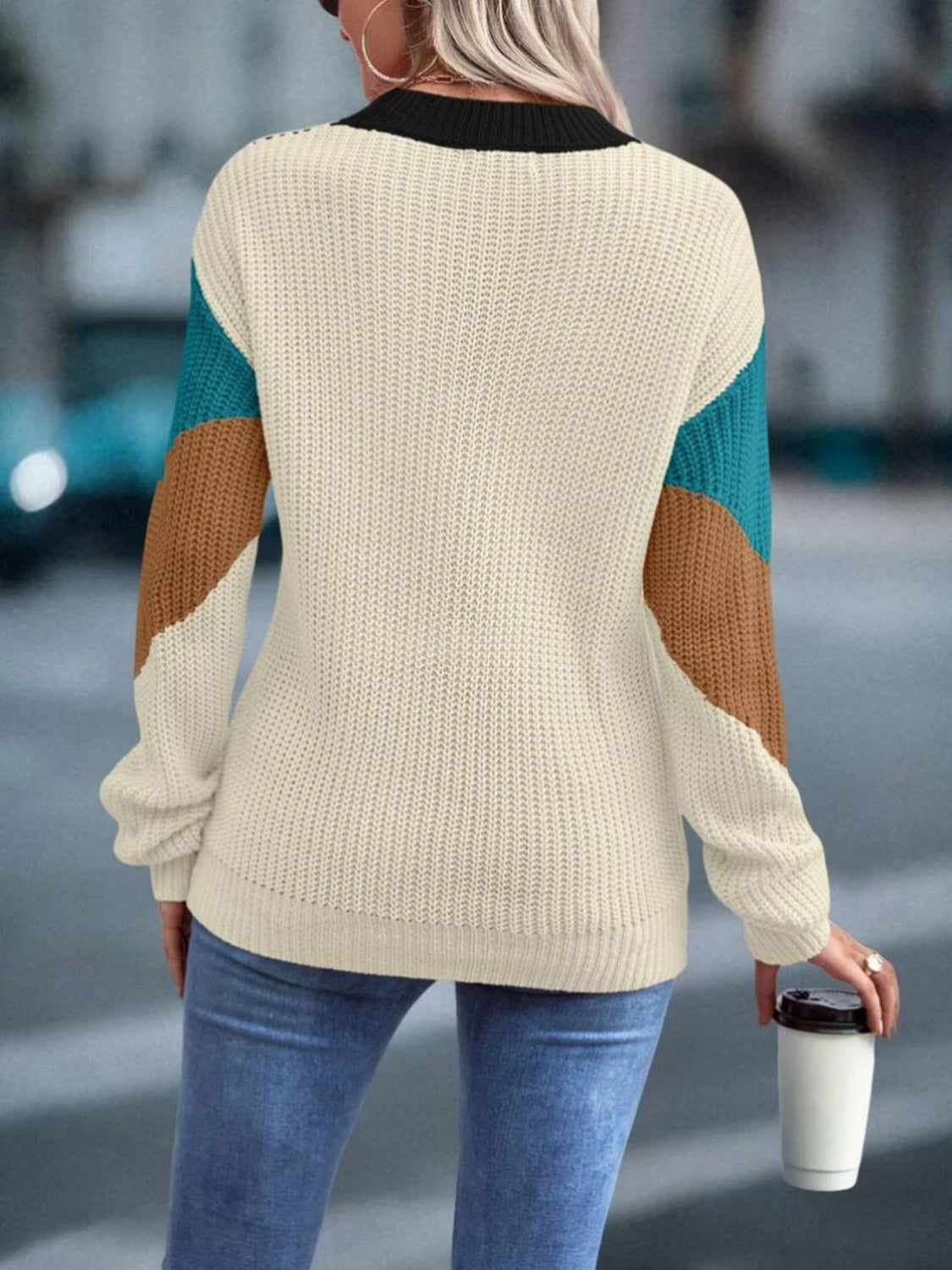 Color Block Round Neck Dropped Shoulder Sweater - Tantalize Boutique