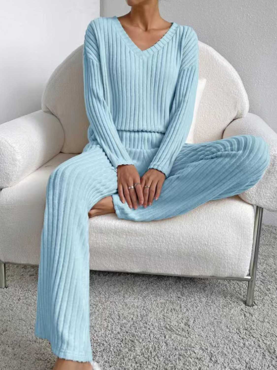 Ribbed V-Neck Long Sleeve Top and Pants Set - Tantalize Boutique