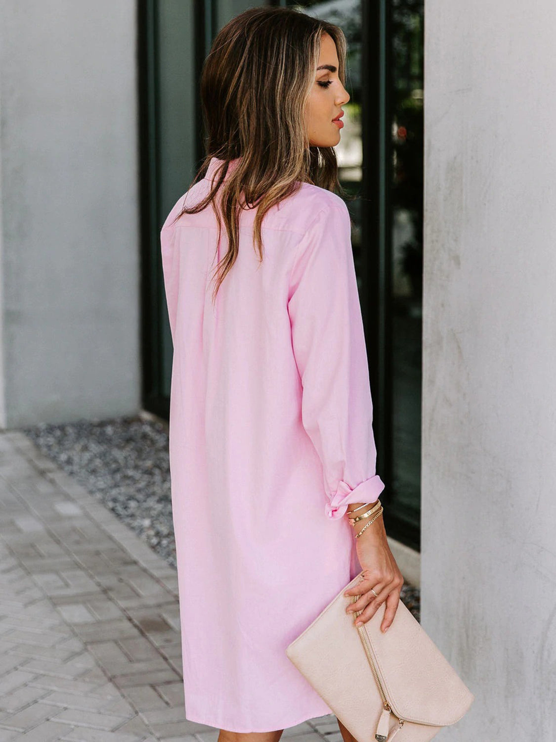 Button Up Collared Neck Long Sleeve Shirt Dress - Tantalize Boutique