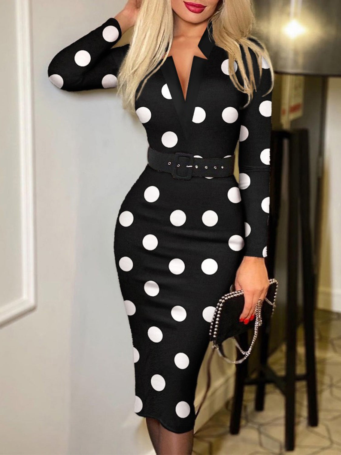 Printed Notched Long Sleeve Wrap Dress - Tantalize Boutique