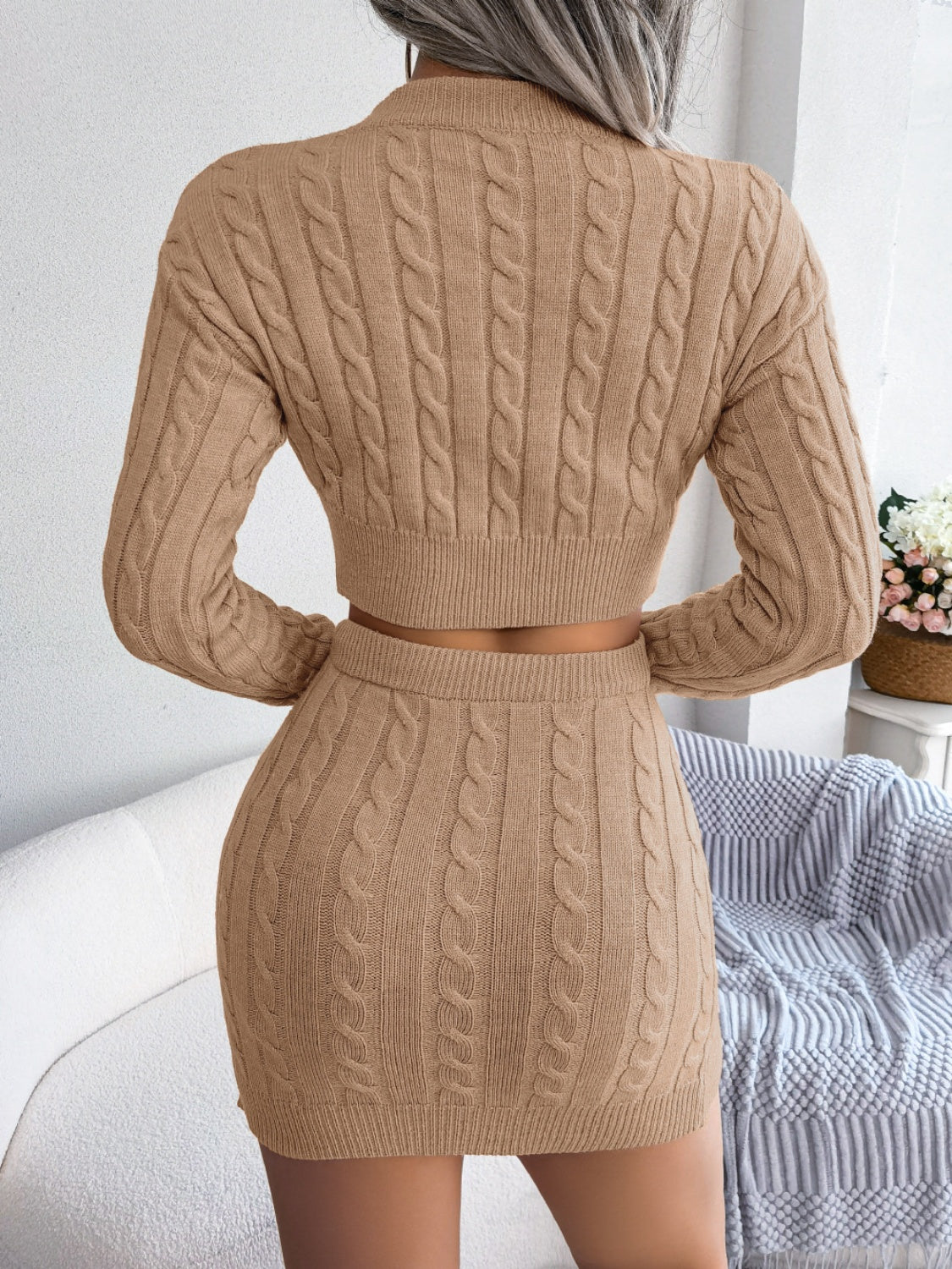 Cable-Knit Round Neck Top and Skirt Sweater Set - Tantalize Boutique