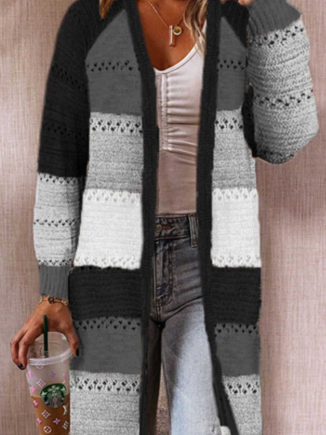 Color Block Open Front Openwork Cardigan - Tantalize Boutique