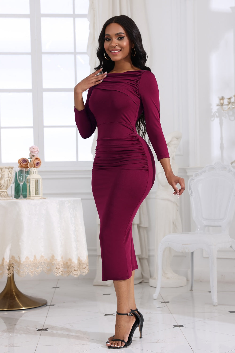 Ruched Boat Neck Midi Dress - Tantalize Boutique