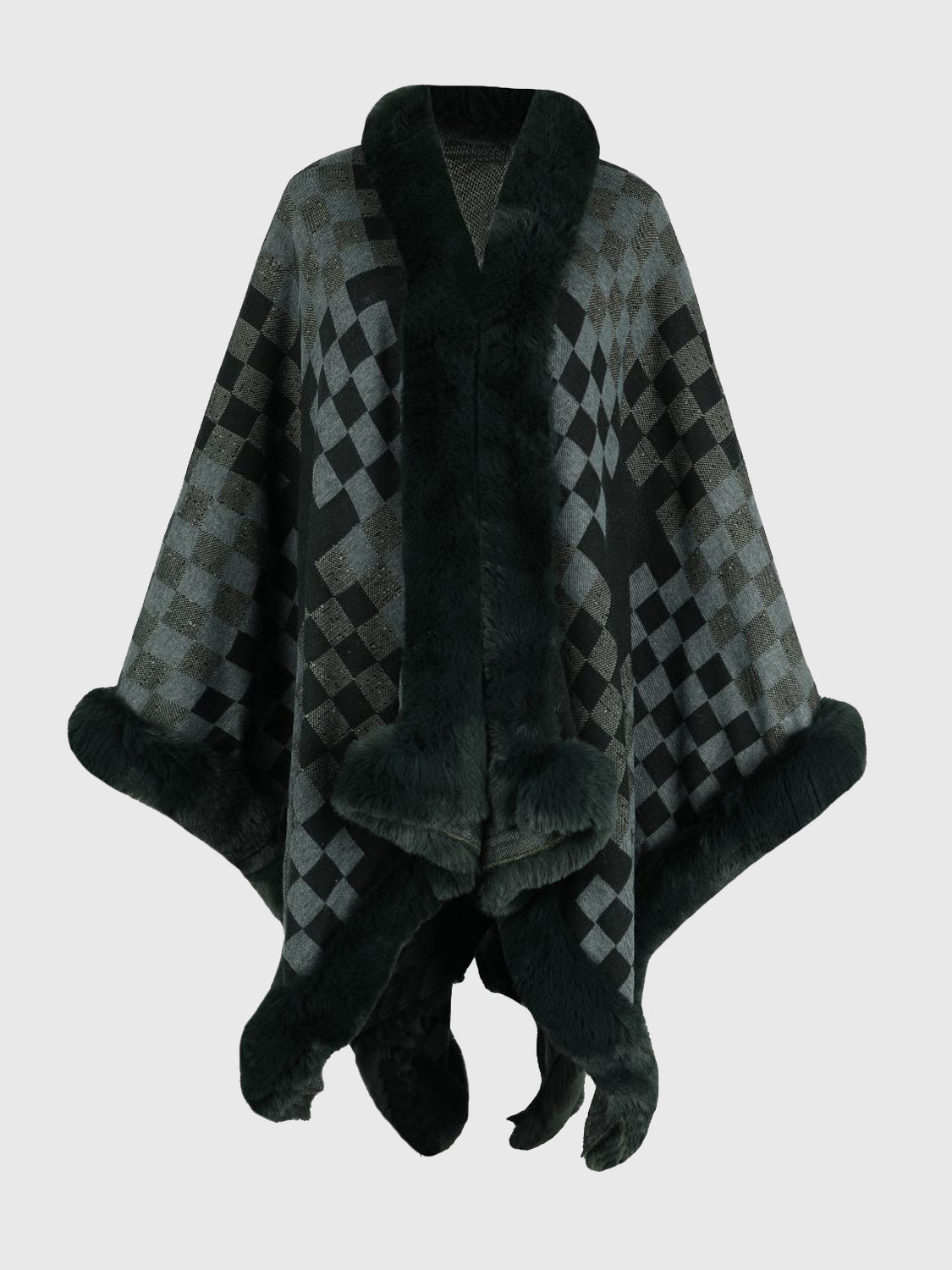 Checkered Faux Fur Trim Poncho - Tantalize Boutique