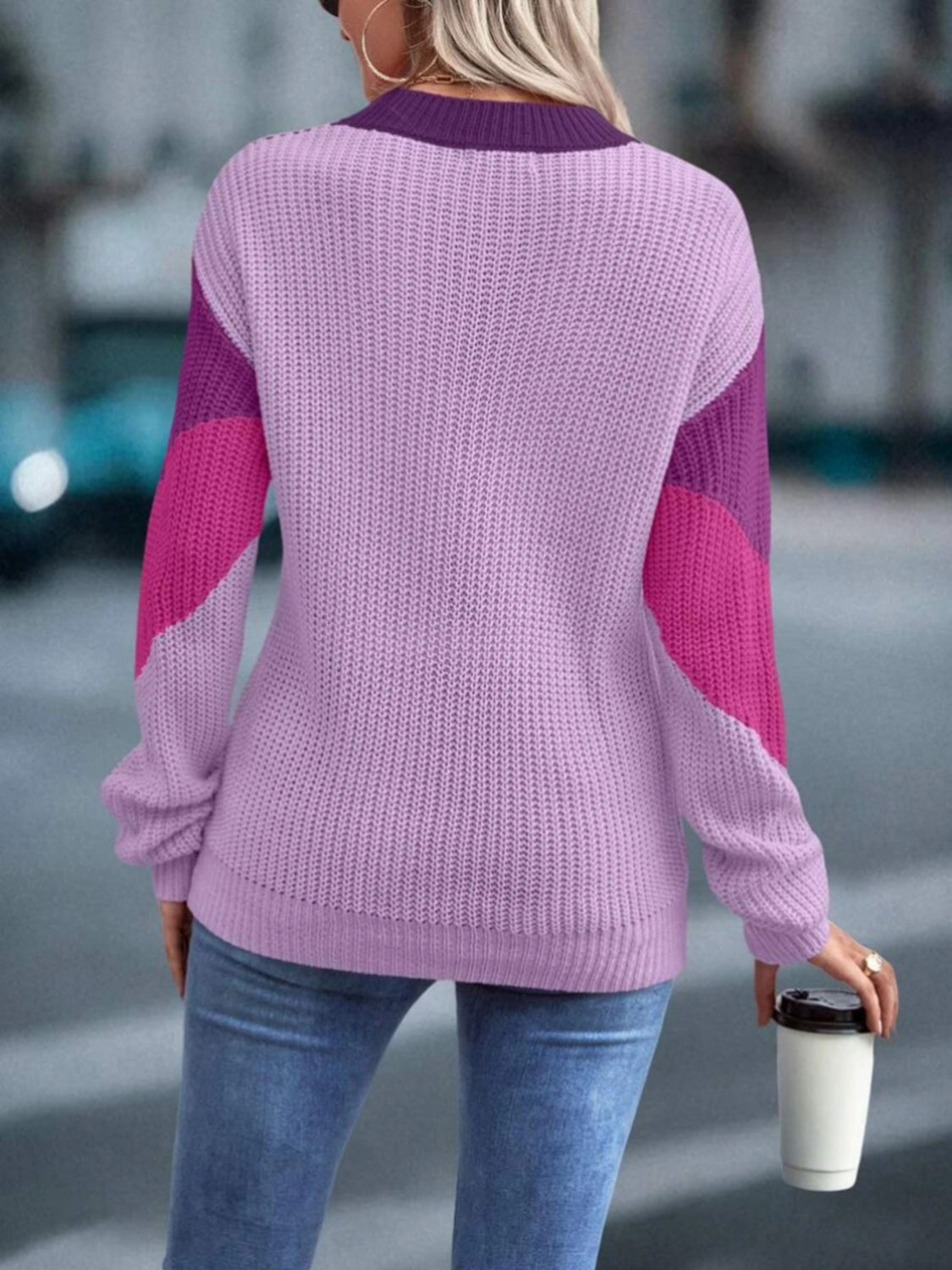 Color Block Round Neck Dropped Shoulder Sweater - Tantalize Boutique