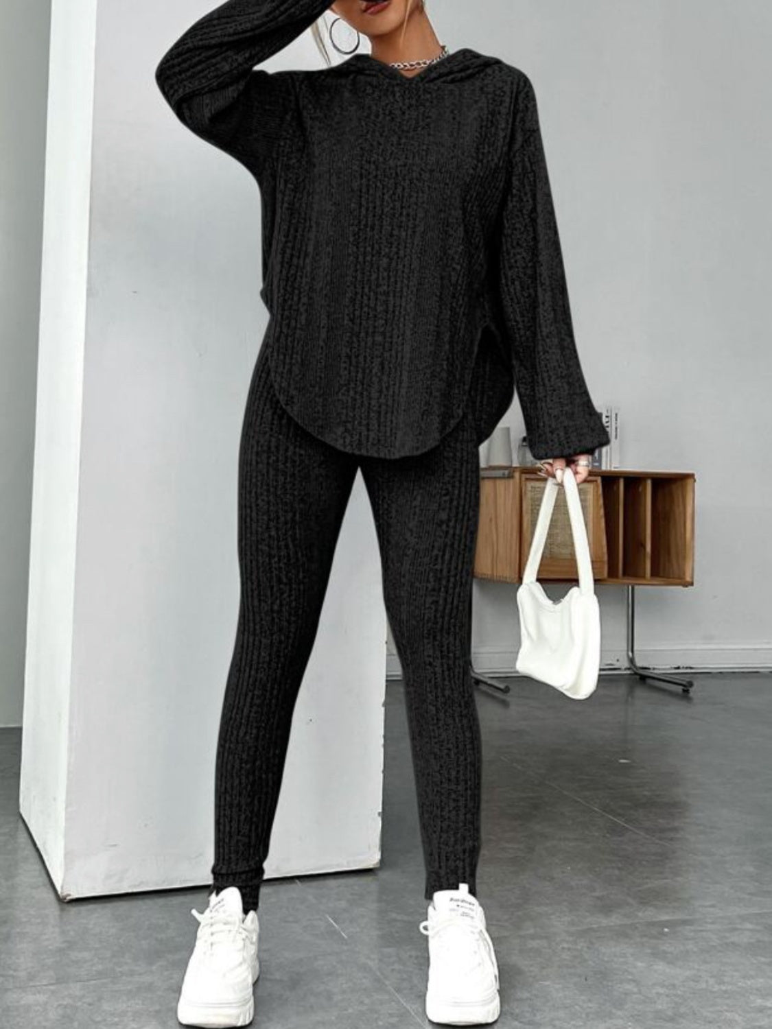 Round Neck Dropped Shoulder Hoodie and Pants Set - Tantalize Boutique