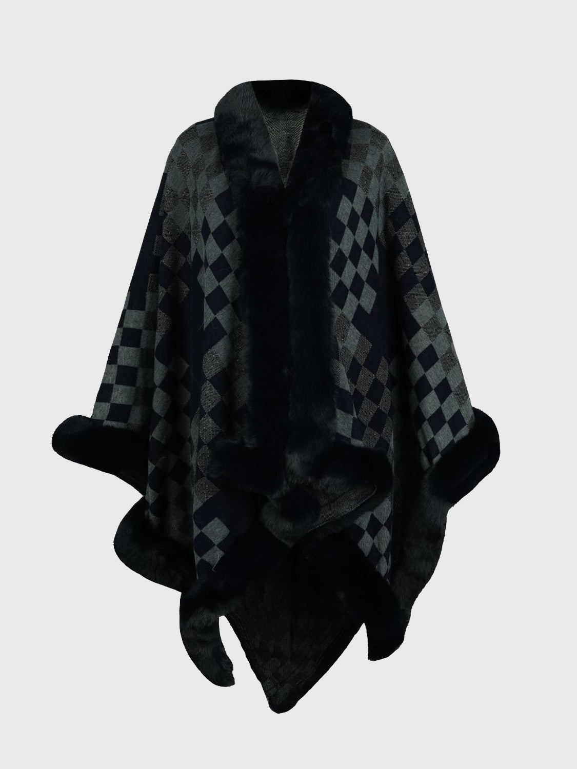 Checkered Faux Fur Trim Poncho - Tantalize Boutique