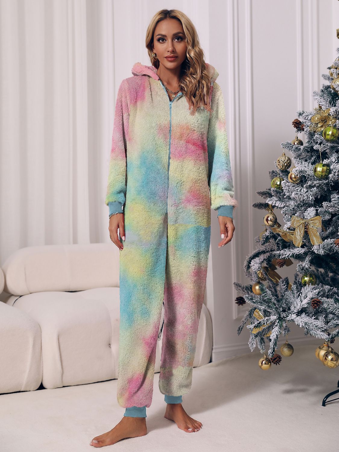 Zip Front Long Sleeve Hooded Teddy Lounge Jumpsuit - Tantalize Boutique