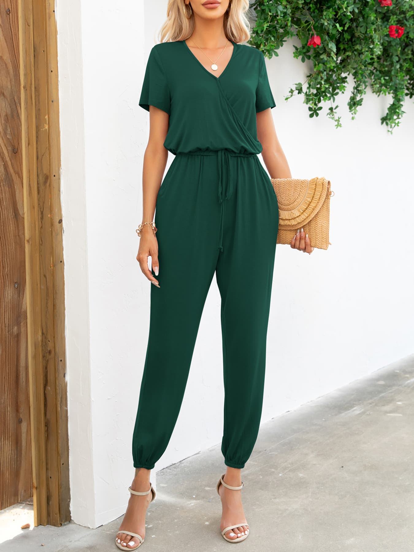 Short Sleeve V-Neck Jumpsuit with Pockets - Tantalize Boutique