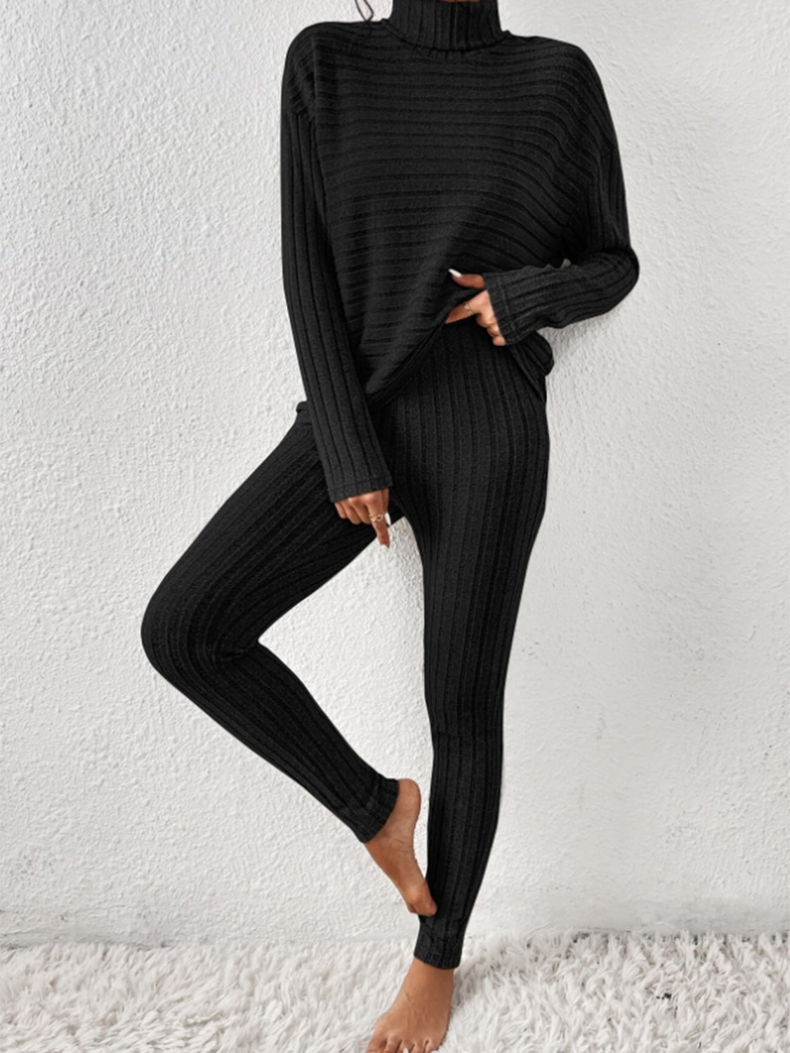 Ribbed Turtleneck Top and Pants Set - Tantalize Boutique