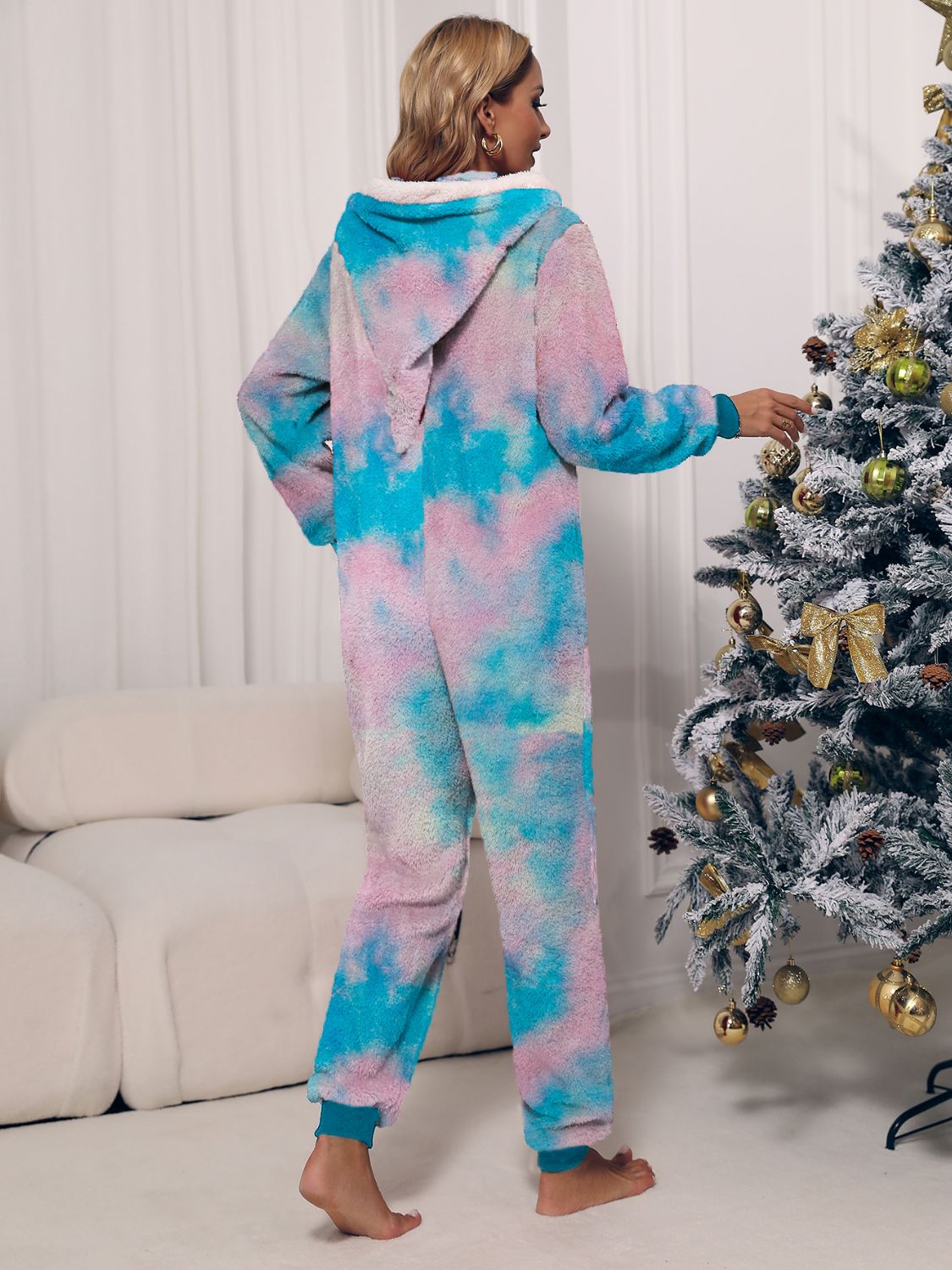 Zip Front Long Sleeve Hooded Teddy Lounge Jumpsuit - Tantalize Boutique