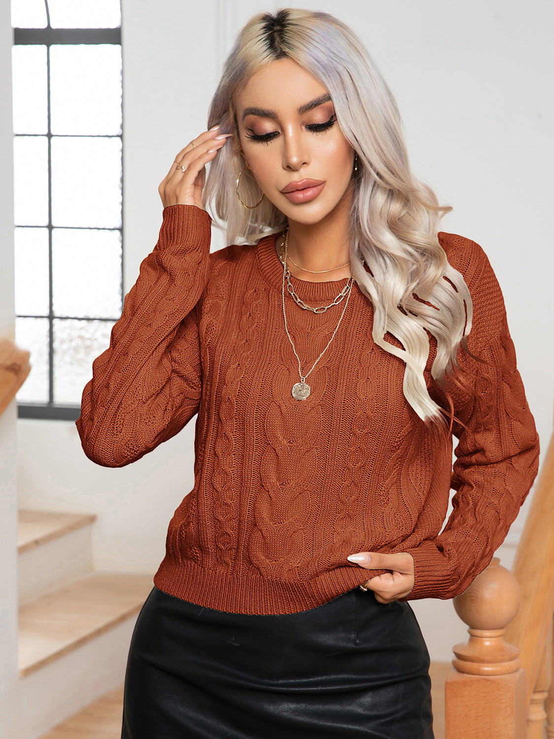 Cable-Knit Round Neck Long Sleeve Sweater - Tantalize Boutique