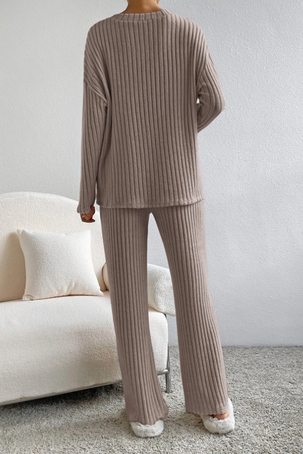 Ribbed V-Neck Top and Pants Set - Tantalize Boutique